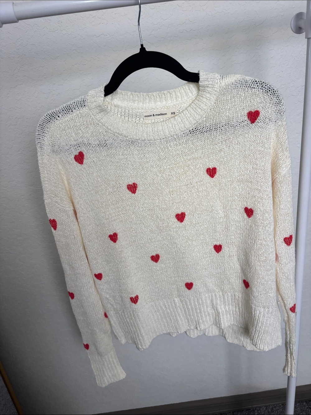 moon & madison Cream Sweater with Red Heart Motif